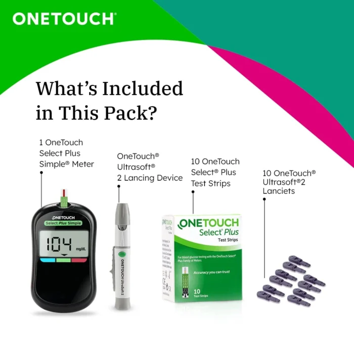 OneTouch Select Plus Simple Glucometer – FREE 10 Test Strips, 10 Sterile Lancets, and 1 Lancing Device for Easy Blood Sugar Monitoring