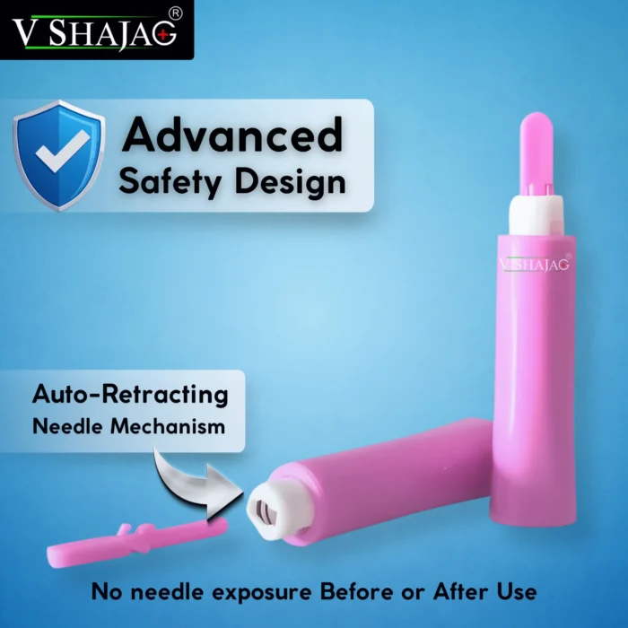 V Shajag Automatic Safety Lancet for Blood Testing | Single-Use Sterile Finger Prick Device for Glucose Monitoring, Diagnostics & Home Testing | Easy One-Touch Activation