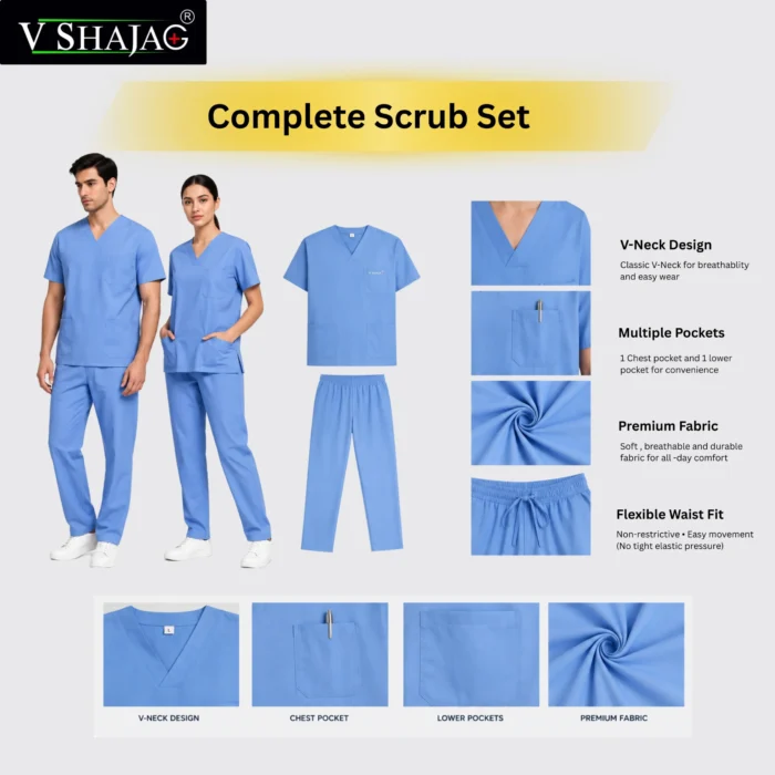 V SHAJAG+ Premium Surgical Scrub Suit for Men & Women | Soft Breathable Fabric | V-Neck Medical Top with Multi Pockets | Comfort-Fit Pajama Style Bottom | Doctor, Nurse & Hospital Uniform Set