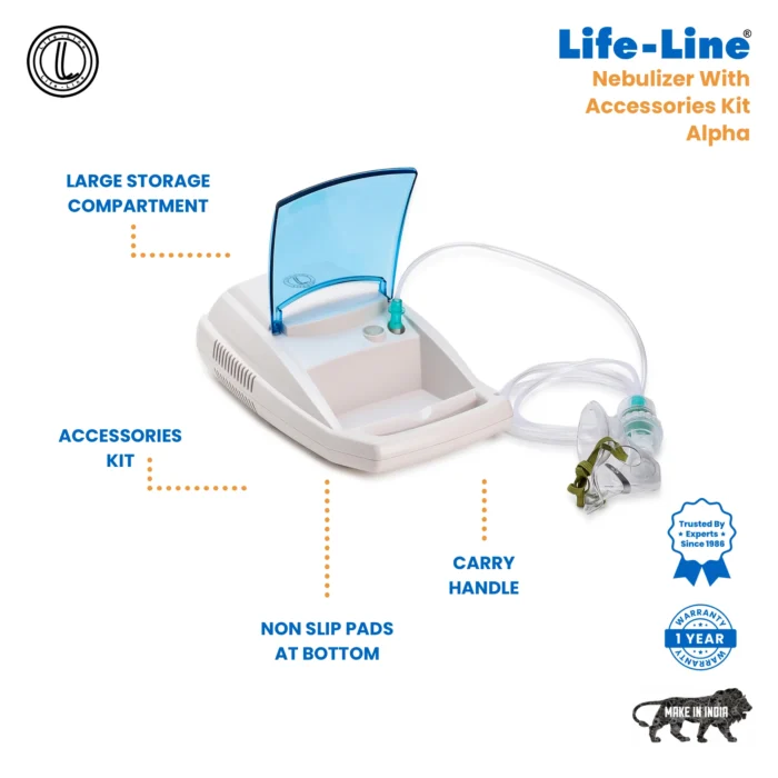 LIFE LINE ALPHA Compressor Nebulizer with Complete Mask Kit for Kids and Adults | Nebuliser with Storage Compartment | Low-noise Nebulizing Machine with 2 Masks & 5 Filters